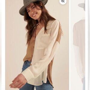 Promesa Asymmetrical Cream and Brown Button Down Blouse